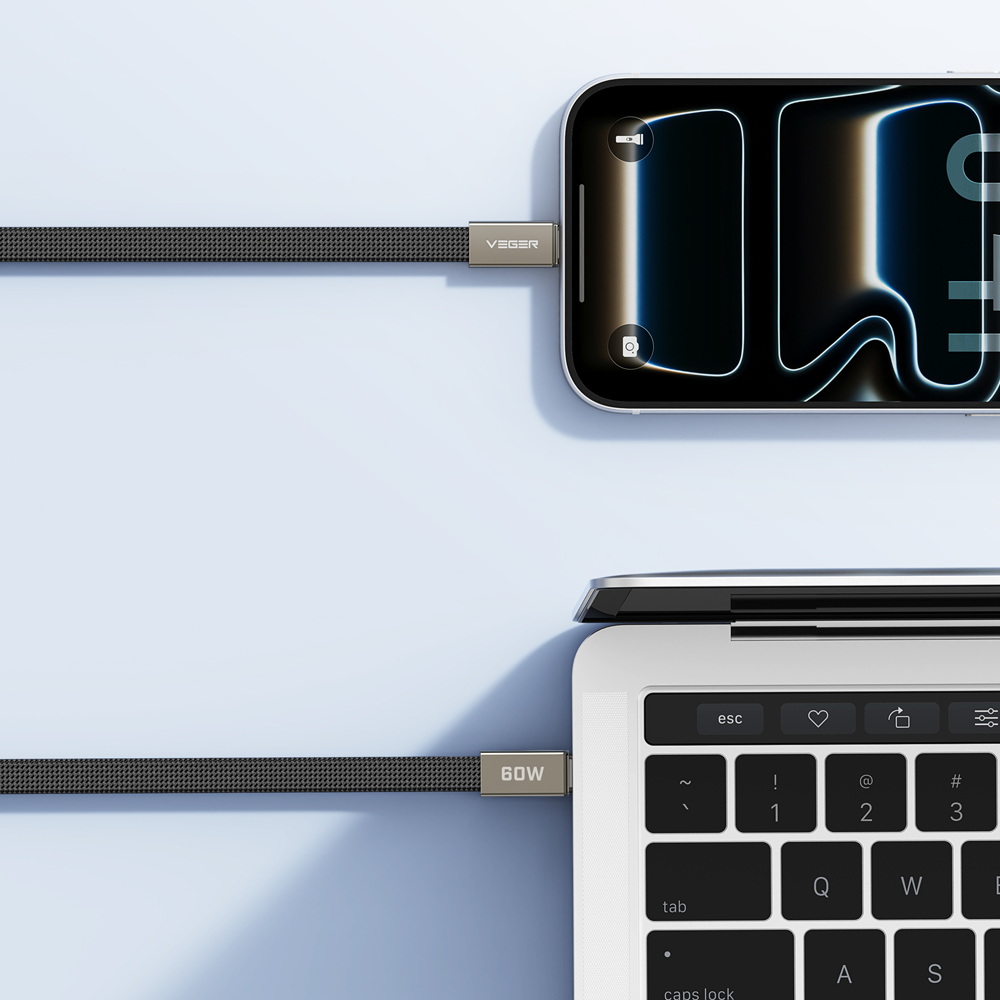 VEGER VG-CC06-MTB - Veger - Cable USB 2.0 para cualquier dispositivo - USB-C a USB-C - Cubierta de metal, Nylon trenzado con ABS - Carga rápida PD 60W | 480Mbps - Longitud 1.2m | Color negro - imagen 2
