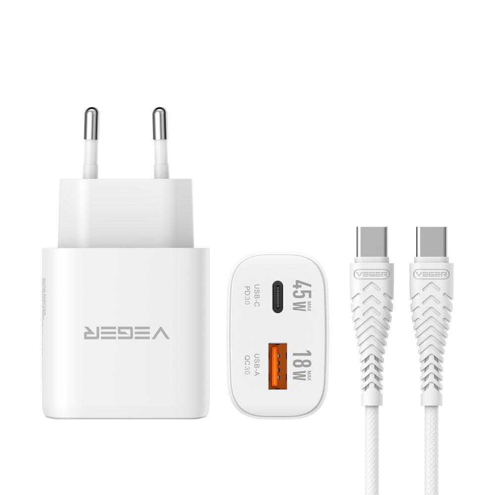 VEGER VG-TR101-45W1A1C - VEGER - Cargador de pared - Carga rápida 45W | Con tecnología GaN - Salidas USB-C, USB-A - Cable USB-C a USB-C 1.2m incluido - Color blanco - imagen 2