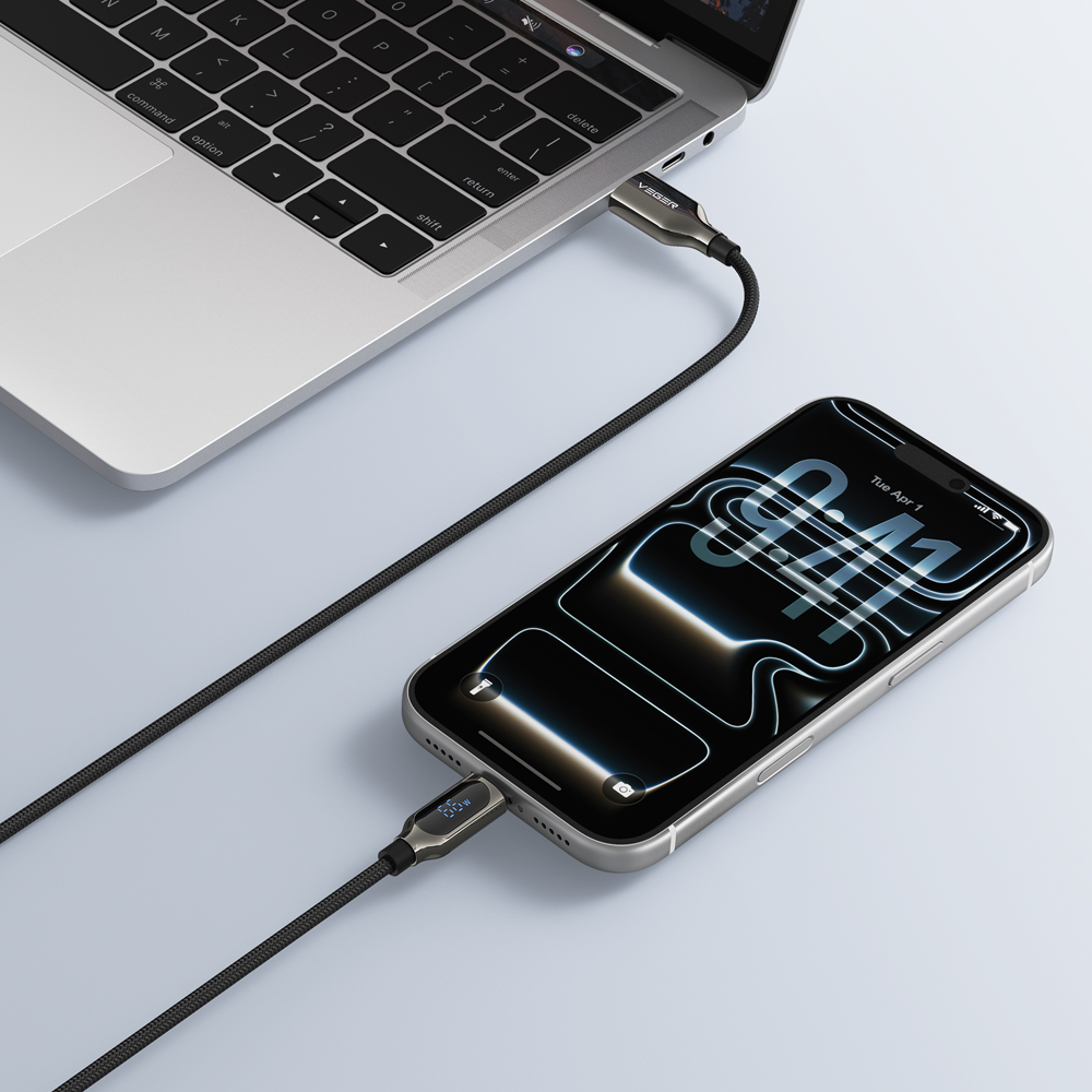 VEGER VG-AC1-XHJ - Veger - Cable USB 2.0 para cualquier dispositivo - USB-A a USB-C - Conector de aleación de Zinc con display digital - Carga rápida PD 66W | 480Mbps - Longitud 1.2m | Color negro - imagen 2