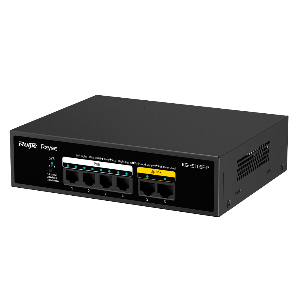 REYEE RG-ES106F-P - Reyee Switch PoE Sobremesa - Carcasa Metal - 6 puertos RJ45 10/100 Mbps - 4 Puertos PoE+ 802.3af/at + 2 Puertos Uplink - Plug and Play - Tecnología ahorro de energía - imagen 2