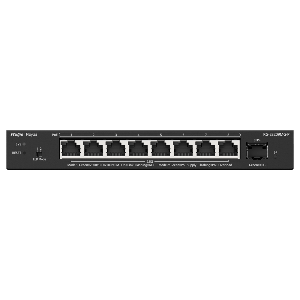 REYEE RG-ES209MG-P - Ruijie Reyee Cloud Managed L2 Switch - 8 Puertos Multi-Gigabit 2.5G PoE/PoE+ - 1 Ranura SFP+ de 10 Gbps para fibra óptica - Potencia PoE+ de 30W por puerto / Total 130W - Sistema PoE Watchdog para autoreinicio de cámaras - Gestión en - imagen 2