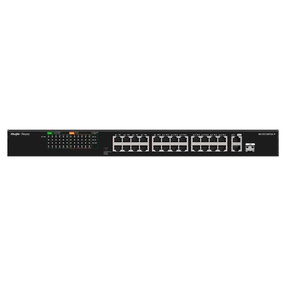 REYEE RG-ES126FGS-P - Reyee Switch PoE Sobremesa - 24 Puertos RJ45 + 1 Uplink RJ45 + 1 SFP Combo - 24 Puertos 10/100Mbps + 2 Puertos 10/100/1000Mbp - 24 Puertos PoE+ 802.3af/at | Potencia total 370W - Aislado de Puertos / Flow Control / PoE Watchdog - Plu - imagen 2