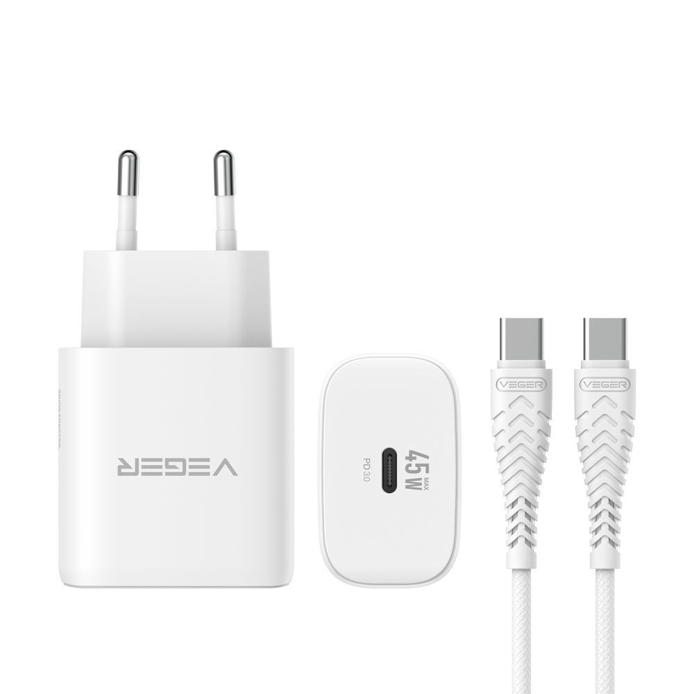 VEGER VG-TR101-Kit-45W1C - VEGER - Cargador de pared - Carga rápida 45W | Con tecnología GaN - Salidas USB-C - Cable USB-C 1.2m incluido - Color blanco - imagen 2
