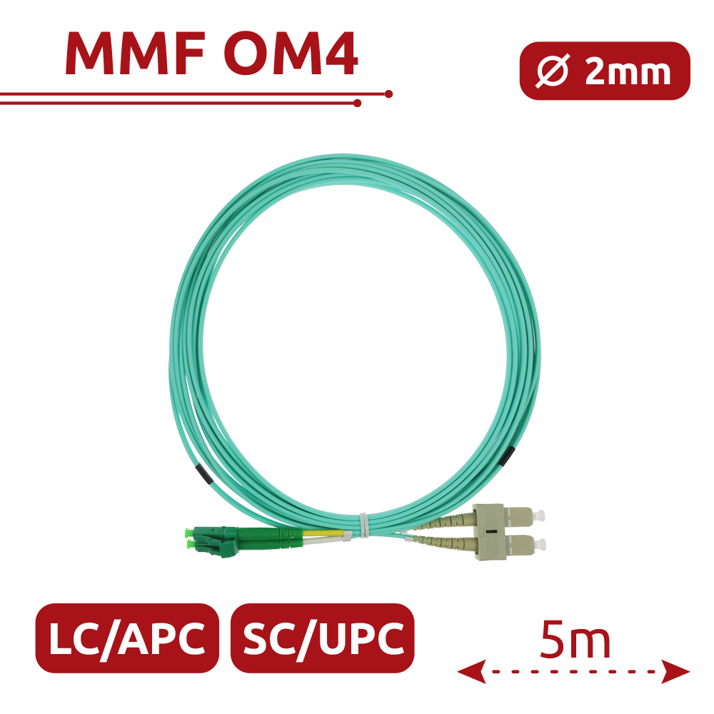 SAFIRE SF-LC-APC-SC-UPC-OM4-DX-5M - Cable de conexión de fibra óptica dúplex - Fibra multimodo OM4 de alta velocidad - Conectores híbridos LC APC y SC UPC - Longitud exacta de 5 metros - Cubierta exterior LSZH color Aqua - Compatibilidad de uso genérica u - imagen 2