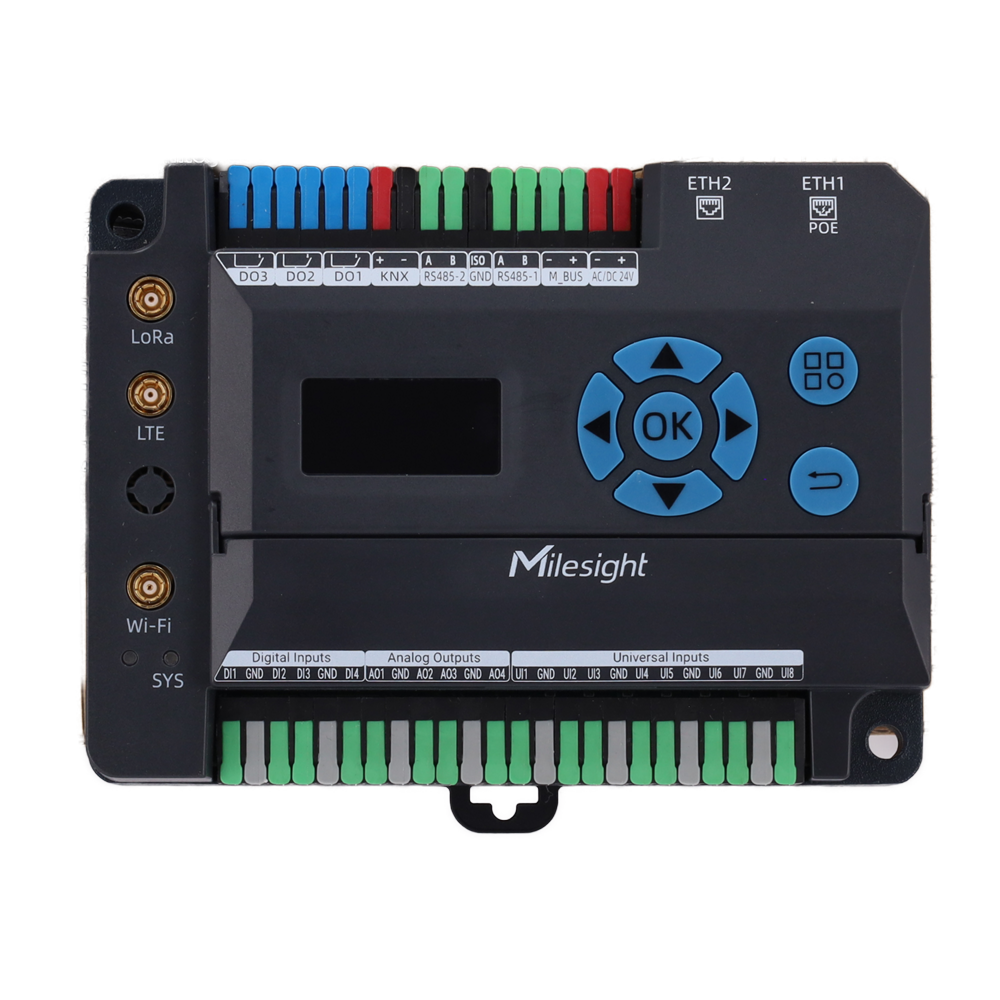 MILESIGHT MS-EG71-L08GL-868M - 8 entradas universales + 4 DI + 3 relés + 4 salidas analógicas - LoRaWAN 8 canales 27 dBm + 4G CAT1 + Wi-Fi + 2×GbE - RS485 Modbus/BACnet + KNX/TP1 + M-BUS nativos - Node-RED, Docker y Python SDK para automatización local - imagen 2