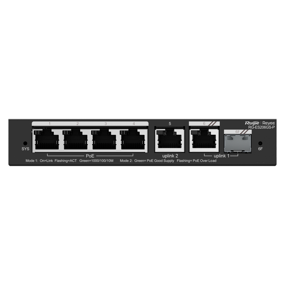 REYEE RG-ES206GS-P - Ruijie Reyee Cloud Managed L2 PoE Switch - 4 Puertos Gigabit PoE/PoE+ + 1 Enlace Combo GE - Ranura SFP Gigabit para enlaces de fibra óptica - Potencia PoE+ de 30W por puerto / Total 54W - Sistema PoE Watchdog para autoreinicio de cáma - imagen 2