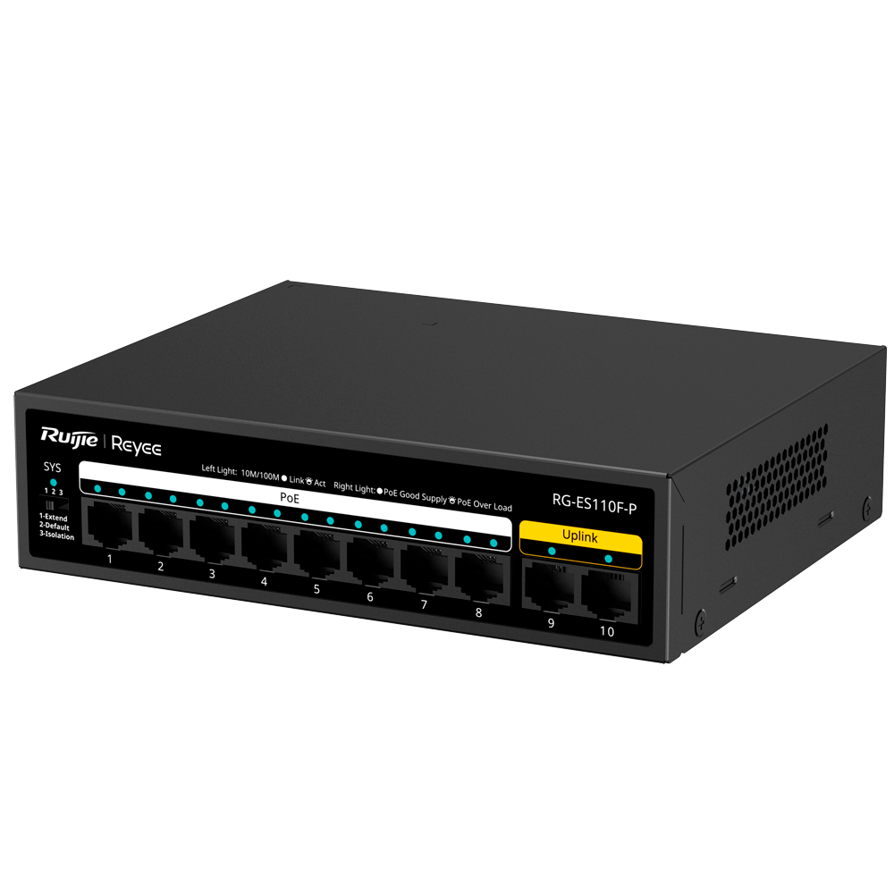 REYEE RG-ES110F-P - Reyee Switch PoE Sobremesa - Carcasa Metal - 8 puertos RJ45 10/100 Mbps PoE+ 802.3af/at - 2 Puertos Uplink RJ45 10/100 Mbps - Plug and Play - Tecnología de ahorro de energía - imagen 2
