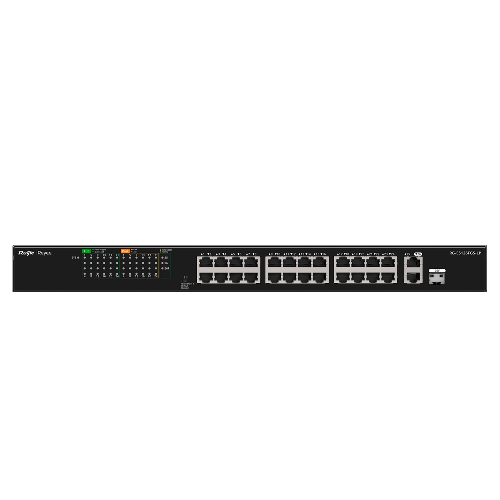 REYEE RG-ES126FGS-LP - Reyee Switch PoE Enracable - 24 Puertos RJ45 + 1 Uplink RJ45 + 1 SFP Combo - 24 Puertos 10/100Mbps + 2 Puertos 10/100/1000Mbp - 24 Puertos PoE+ 802.3af/at | Potencia total 180W - Aislado de Puertos / Flow Control - Plug and Play - imagen 2