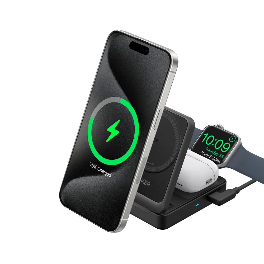 ANKER ANK-2557-3-IN-1-B - Cargador inalámbrico 3 en 1 Anker - Tecnología Magsafe - Carga rápida: iPhone, Airpods, Apple Watch - Carga 3 dispositivos a la vez - Acepta modo vertical o horizontal - Plegable | Color negro - imagen 2
