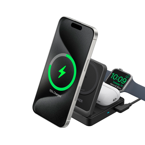 ANKER ANK-2557-3-IN-1-B - Cargador inalámbrico 3 en 1 Anker - Tecnología Magsafe - Carga rápida: iPhone, Airpods, Apple Watch - Carga 3 dispositivos a la vez - Acepta modo vertical o horizontal - Plegable | Color negro - imagen 2