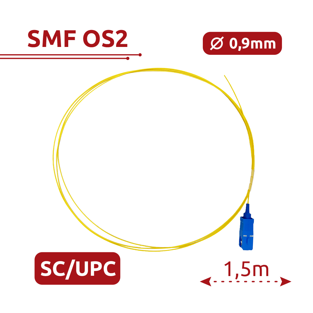 SAFIRE SF-SC-UPC-OS2-0015M-D09-Y - Pigtail de fibra óptica simplex - Fibra monomodo G657A2 de alto rendimiento - Conector SC con pulido UPC - Diámetro ultrafino de 0.9 mm (tight buffer) - Longitud exacta de 1.5 metros - Cubierta exterior LSZH color amaril - imagen 2