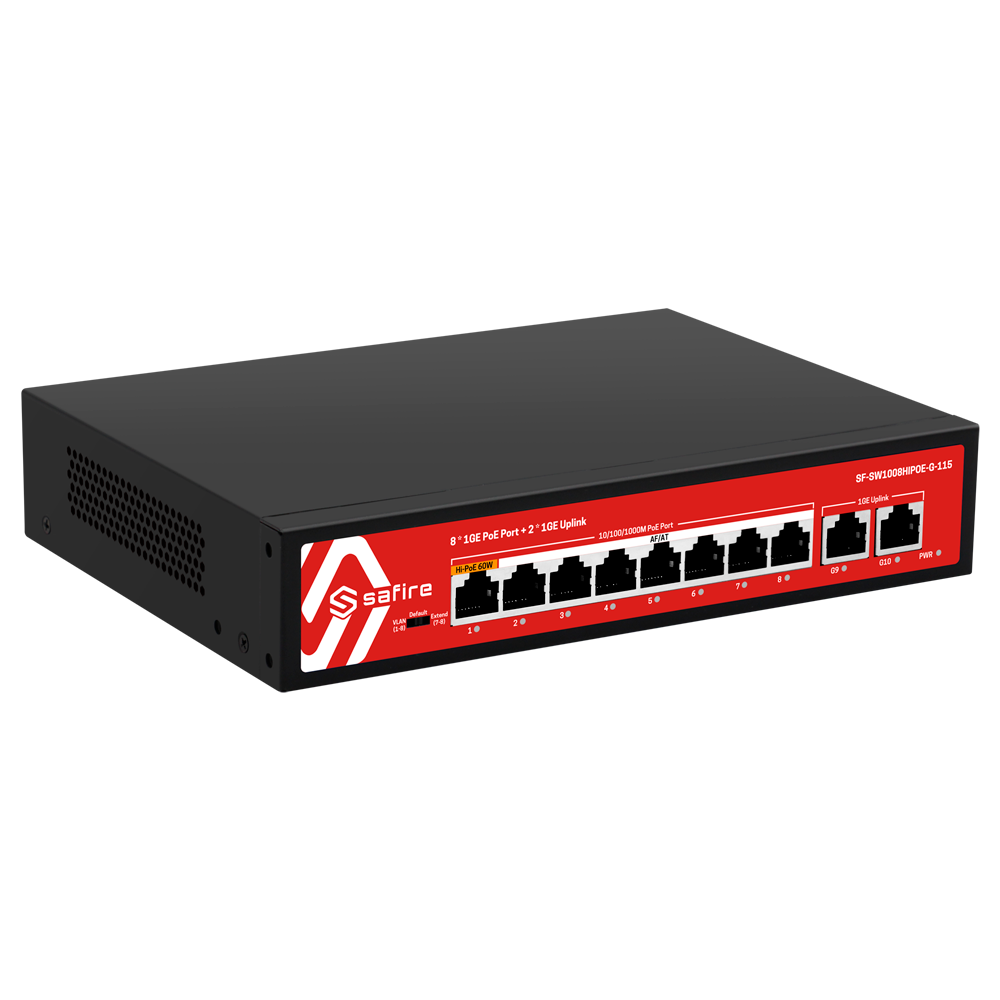 SAFIRE SF-SW1008HIPOE-G-115 - Safire Switch Hi-PoE - 8 puertos PoE + 2 Uplink RJ45 - 10x 10/100/1000Mbps - 7 Puertos PoE+ 30W + 1 Puertos Hi-PoE 60W - PoE Watchdog - Hasta 115W Potencia PoE total - imagen 2