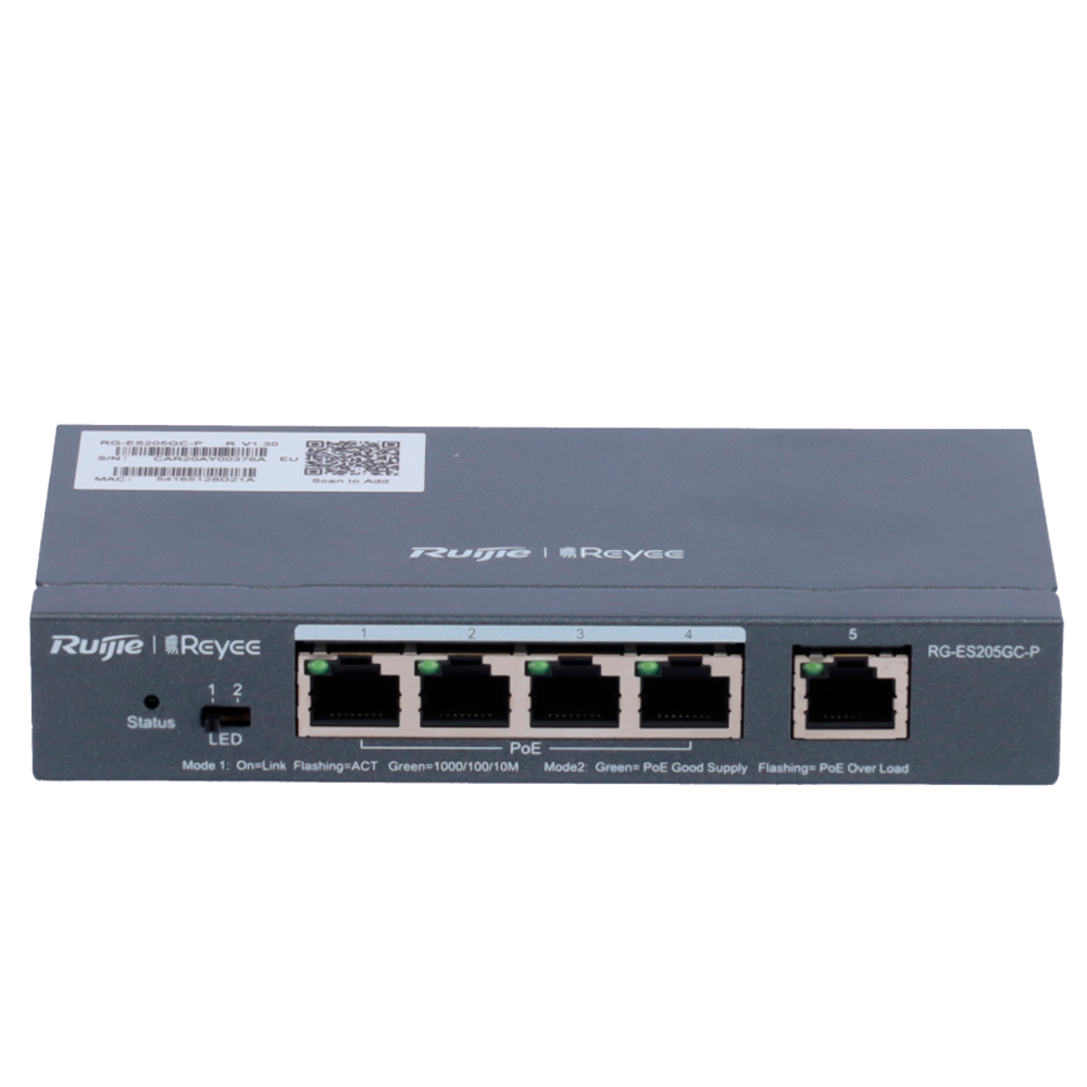 REYEE RG-ES205GC-P - Ruijie Reyee Cloud Managed L2 PoE Switch - 4 Puertos Gigabit PoE/PoE+ + 1 Uplink Gigabit - Potencia PoE+ de 30W por puerto / Total 54W - Sistema PoE Watchdog para autoreinicio de cámaras - Interruptor DIP físico para monitoreo LED dua - imagen 2