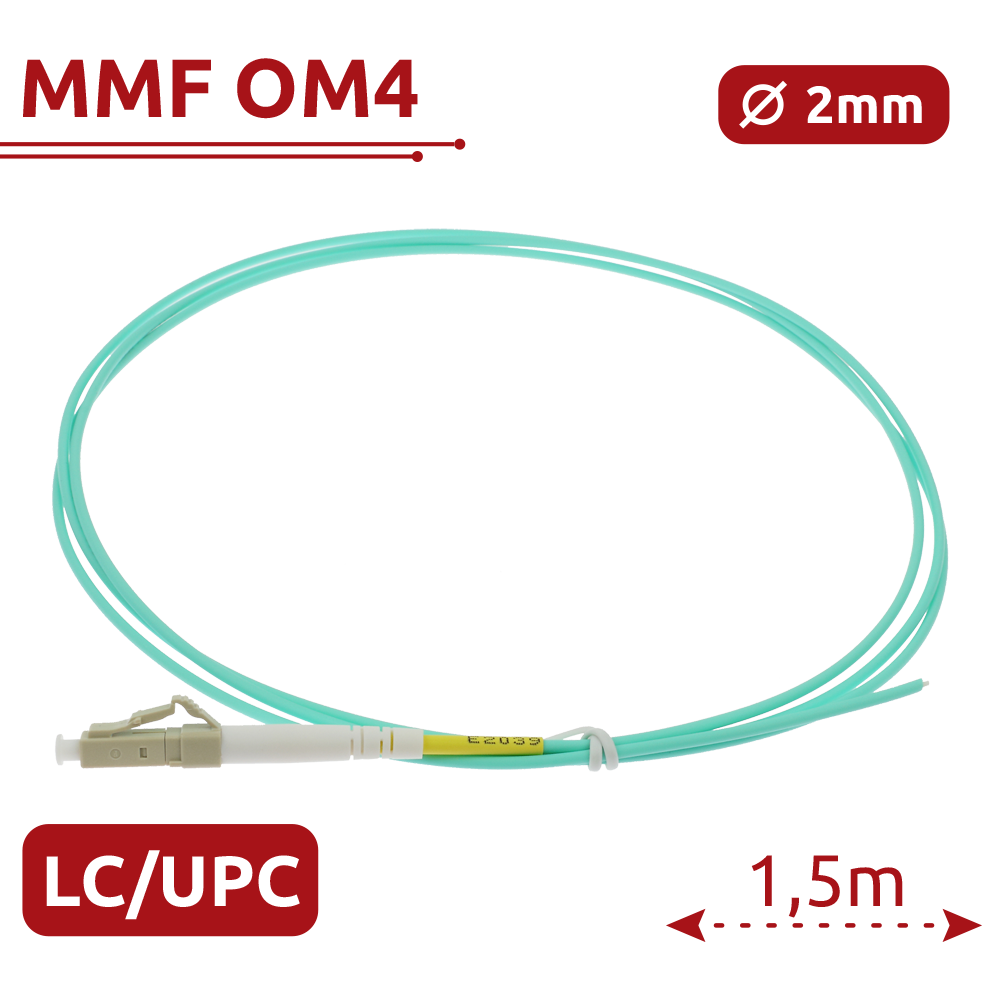SAFIRE SF-LC-UPC-OM4-0015M-D20-A - Pigtail de fibra óptica simplex - Fibra multimodo OM4 de alta velocidad - Conector LC con pulido UPC - Longitud exacta de 1.5 metros - Cubierta exterior LSZH color Aqua - Compatibilidad de uso genérica universal - imagen 2