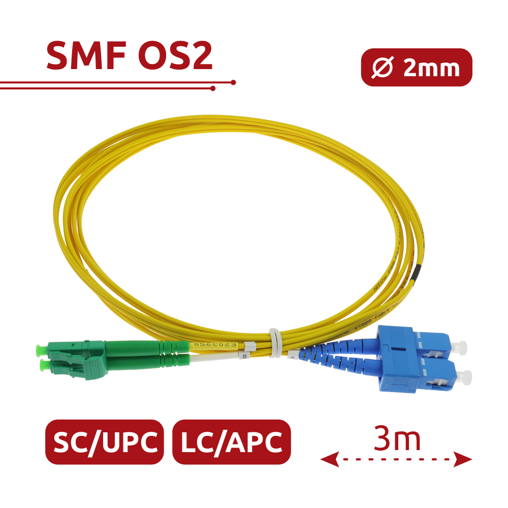 SAFIRE SF-LC-APC-SC-UPC-SM-DX-3M - Cable de conexión de fibra óptica dúplex - Fibra monomodo G657A2 de alto rendimiento - Conectores híbridos LC APC y SC UPC - Longitud exacta de 3 metros - Cubierta exterior LSZH color amarillo - Compatibilidad de uso gen - imagen 2