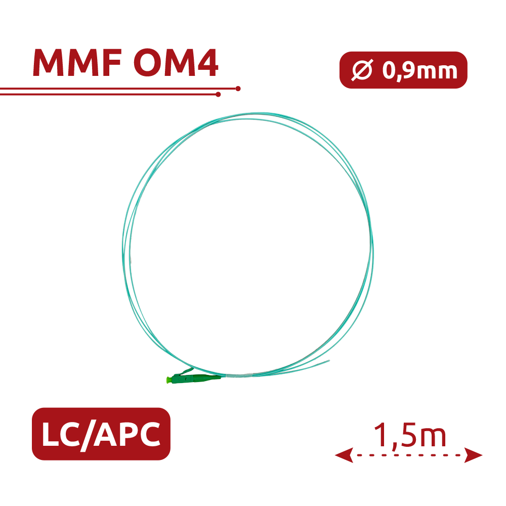 SAFIRE SF-LC-APC-OM4-0015M-D09-A - Pigtail de fibra óptica simplex - Fibra multimodo OM4 de alta velocidad - Conector LC con pulido APC - Diámetro ultrafino de 0.9 mm (tight buffer) - Longitud exacta de 1.5 metros - Cubierta exterior LSZH color Aqua - imagen 2