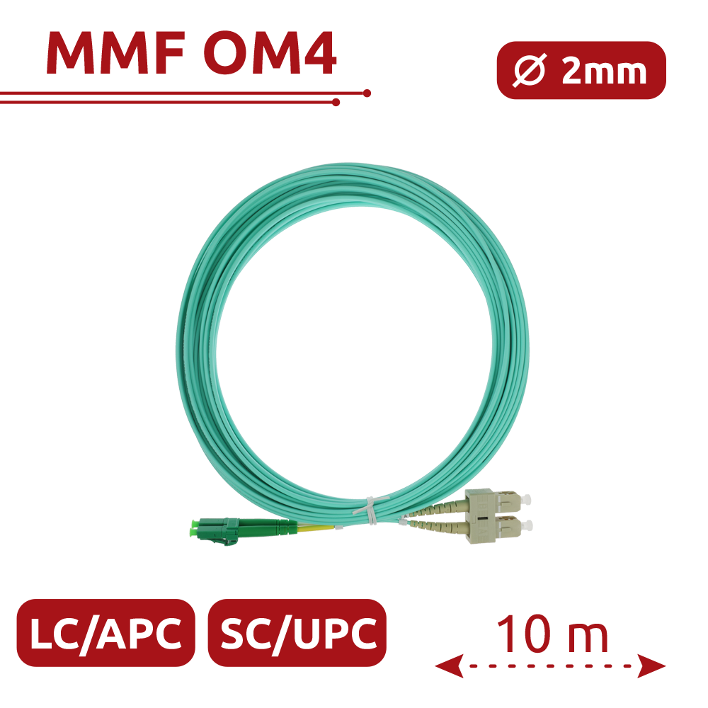SAFIRE SF-LC-APC-SC-UPC-OM4-DX-10M - Cable de conexión de fibra óptica dúplex - Fibra multimodo OM4 de alta velocidad - Conectores híbridos LC APC y SC UPC - Longitud exacta de 10 metros - Cubierta exterior LSZH color Aqua - Compatibilidad de uso genérica - imagen 2