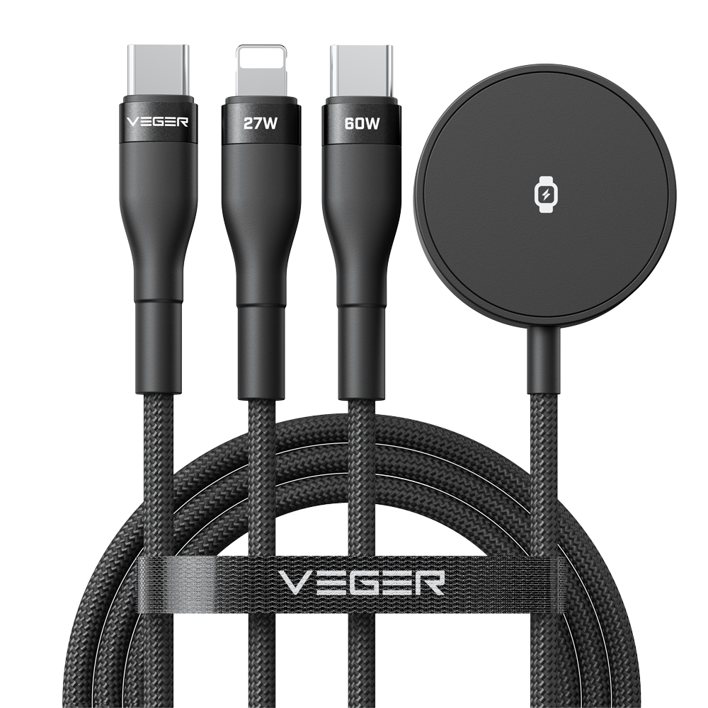 VEGER VG-V730 - Veger - Cable USB 2.0 3 en 1 - USB-C a USB-C, Lightning y Smartwatch - Cubierta de metal, Nylon trenzado - Longitud 1.5m - Color negro - imagen 2