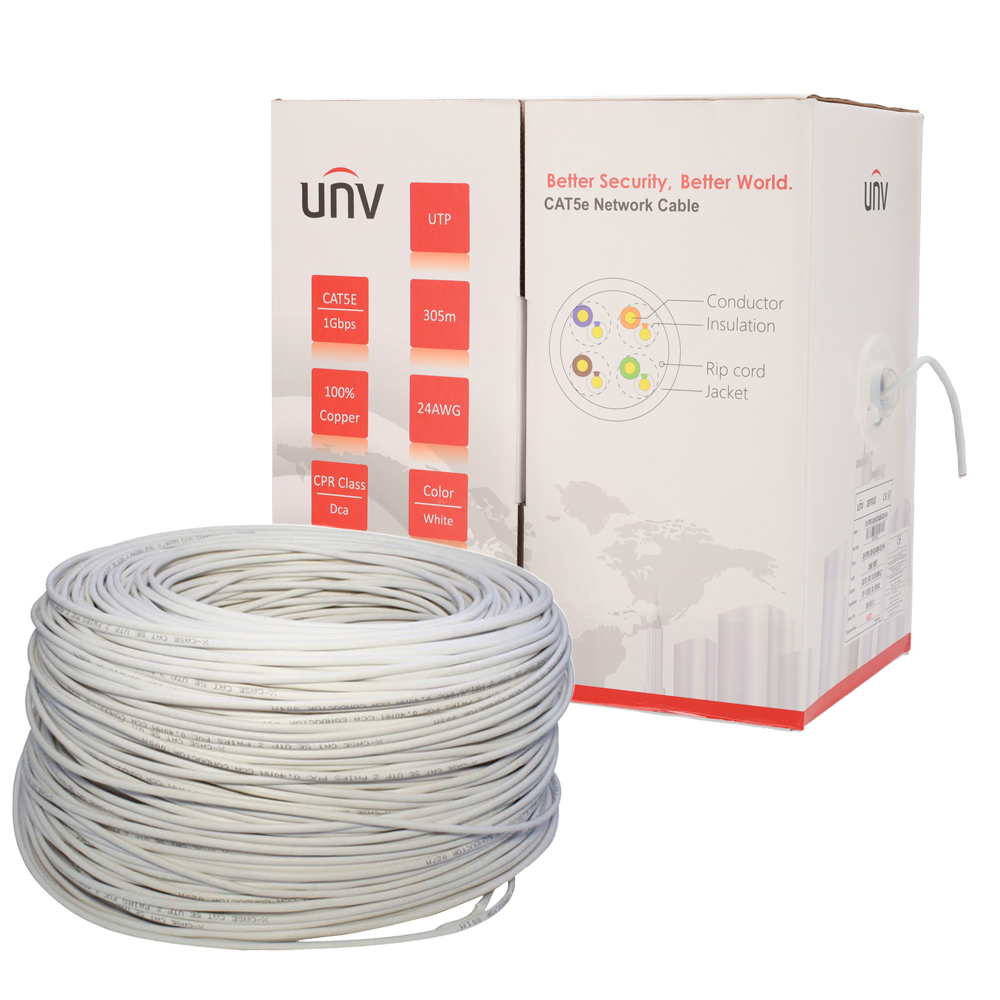 UNIVIEW UV-UTP5E-300-BC24AWG-DCA-B-W - Uniview cable UTP categoría 5E, - Conductor OFC,100% cobre - Diámetro 24 AWG-0,49mm - Certificado Dca-s2,d2,a1 - Cubierta exterior LSZH / Color blanco-gris - Se suministra en caja de cartón de 305 metros - imagen 2