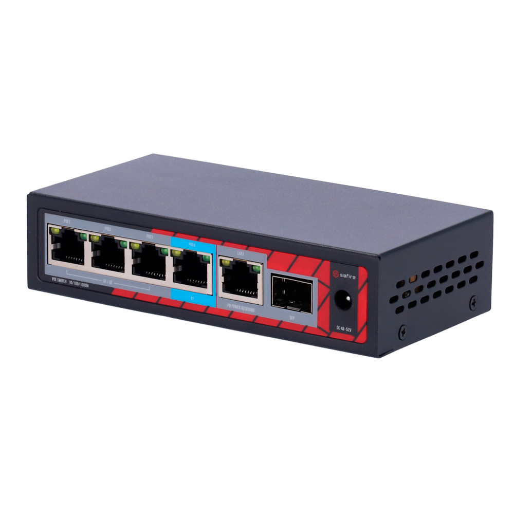 SAFIRE SF-POE-EXT0604-GF-60 - Extensor PoE Safire. - Soporta estándares modernos IEEE 802.3af/at/bt. - Dispone de 6 puertos (4 PoE / 1 Uplink / 1 SFP). - Suministro de potencia masiva de hasta 60 W. - Transferencia de datos Gigabit 10/100/1000M. - Función - imagen 2