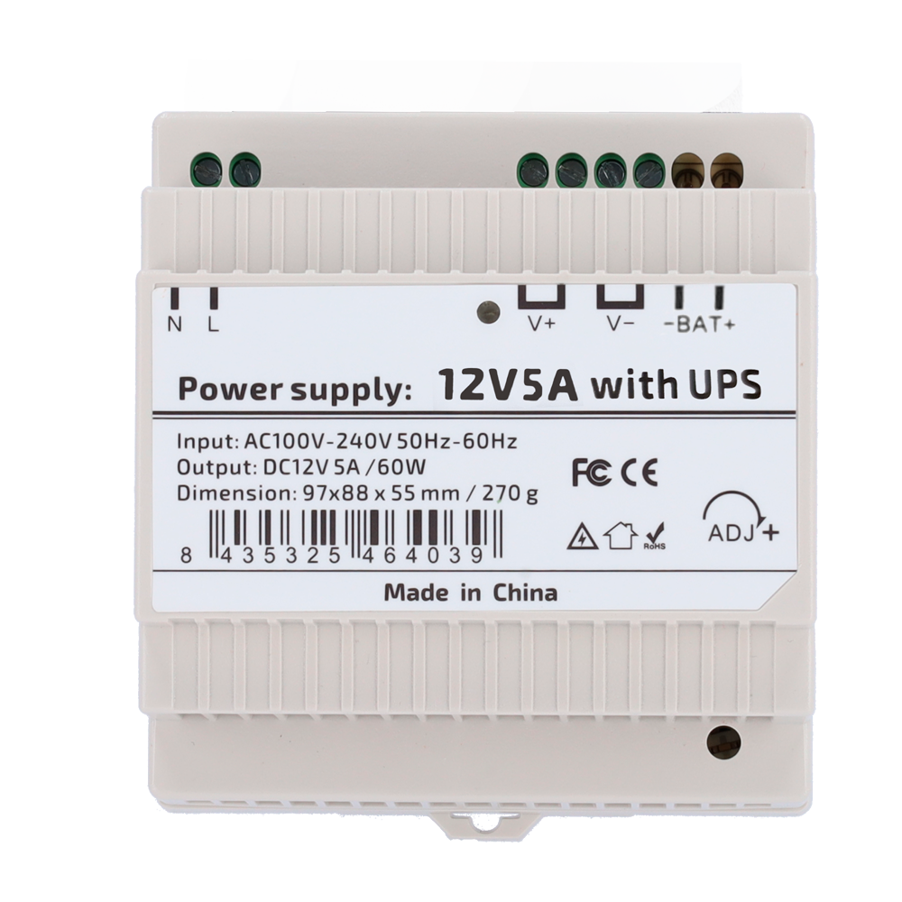 STEADY DC12V5A-DIN-UPS-P - Fuente de alimentación con función UPS - Salida DC 12 V 5 A / 60 W - Voltaje entrada AC 100V ~ 240V 50Hz-60Hz - 97 (Fo) x 55 (Al) x 88 (An) mm - Montaje en carril DIN - Protección: Sobrecarga/Sobrevoltaje/Cortocircuito - imagen 2