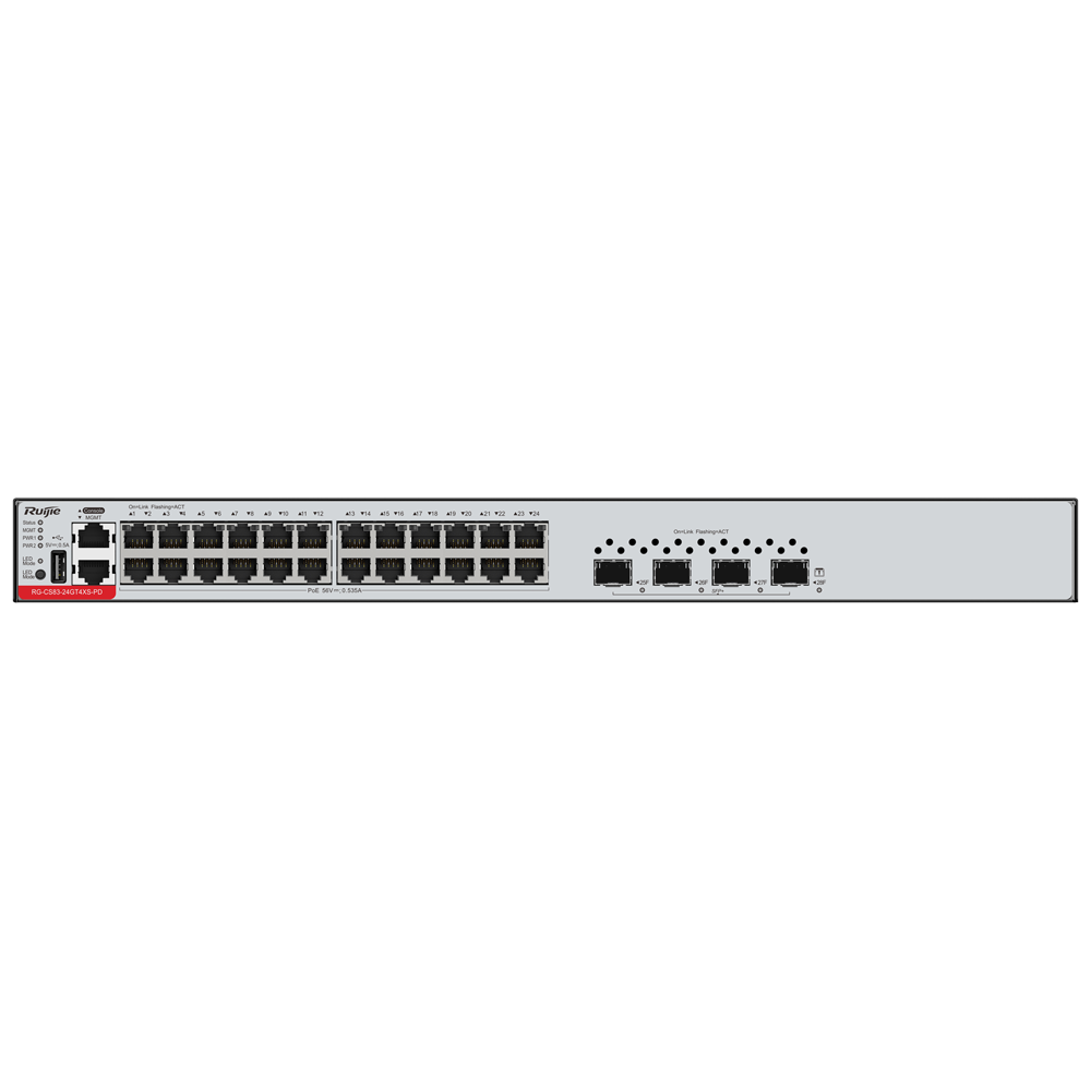 RUIJIE ENTERPRISE RG-CS83-24GT4XS - Ruijie Cloud Managed Layer 3 Access Switch - 28 Puertos Totales (24 GE / 4 Uplinks 10G SFP+) - Enlaces de fibra de 10 Gbps de ultra velocidad - Diseño fanless silencioso de disipación natural - Redundancia de arranque D - imagen 2