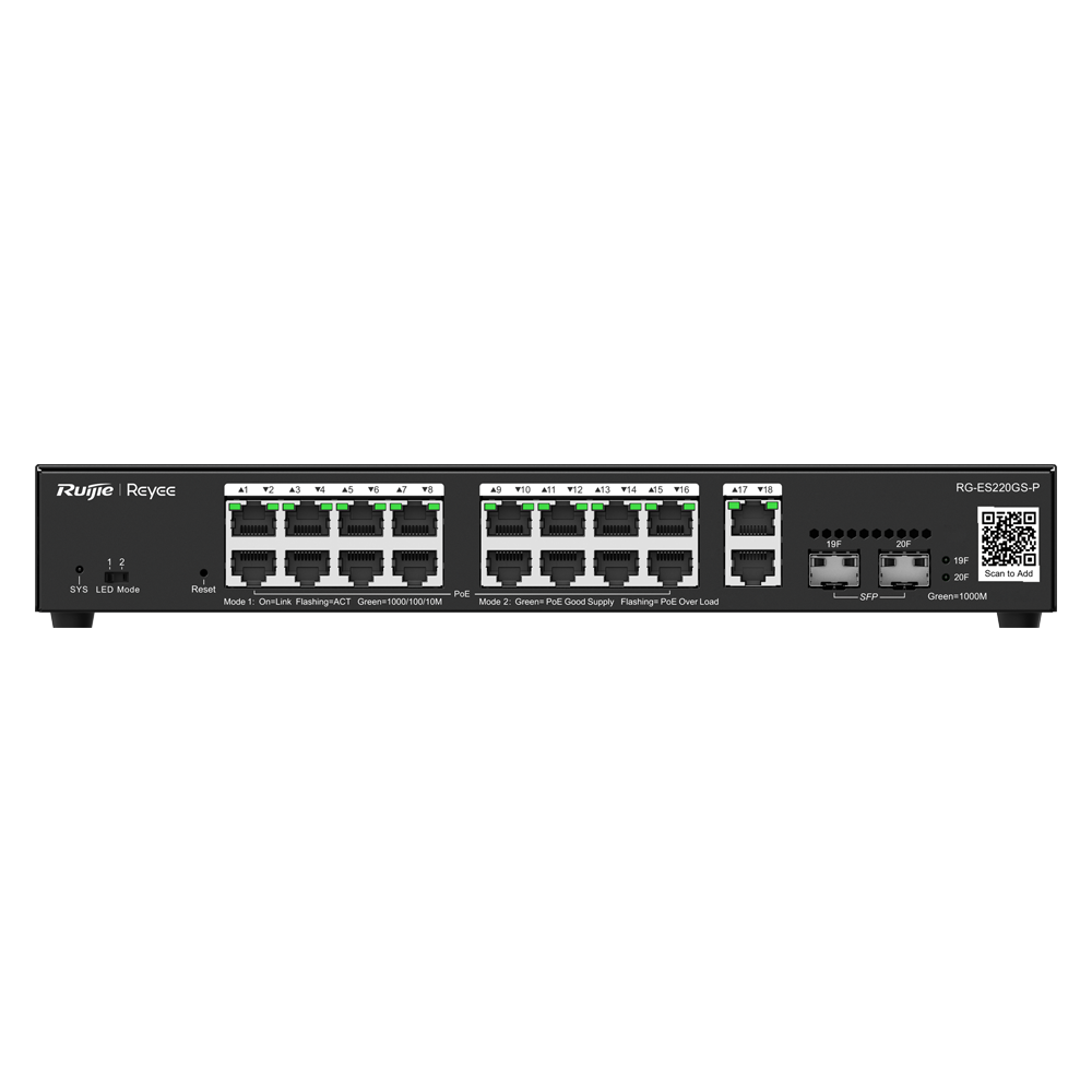 REYEE RG-ES220GS-P - Ruijie Reyee Cloud Managed L2 Switch - 20 Puertos Totales (16 PoE+ / 2 Uplink / 2 SFP) - Enlaces de fibra SFP para distancias extensas - Potencia PoE+ masiva de 30W / Total 250W - Sistema PoE Watchdog para autoreinicio de cámaras - Ge - imagen 2