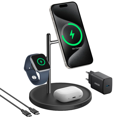 ANKER ANK-SWCHARGER-3-IN-1-B - Cargador inalámbrico 3 en 1 Anker - Tecnología MagGo - Carga rápida: iPhone, Airpods, Apple Watch - Carga optimizada 3 dispositivos a la vez - Soporte vertical para colocar dispositivos - Color negro - imagen 2