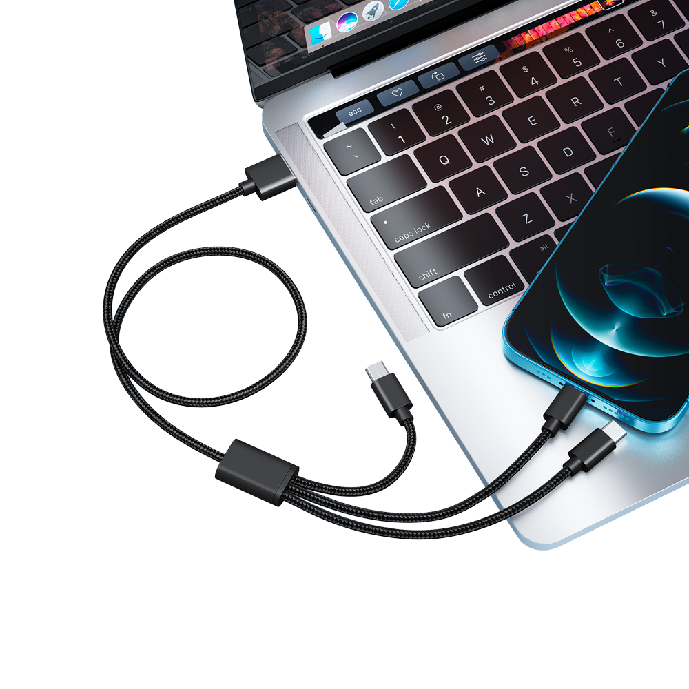VEGER VG-V303 - Veger - Cable USB 3 en 1 - USB-A a USB-C, Lightning y Micro-USB - Cubierta de metal, Nylon trenzado - Longitud 1.5m - Color negro - imagen 2