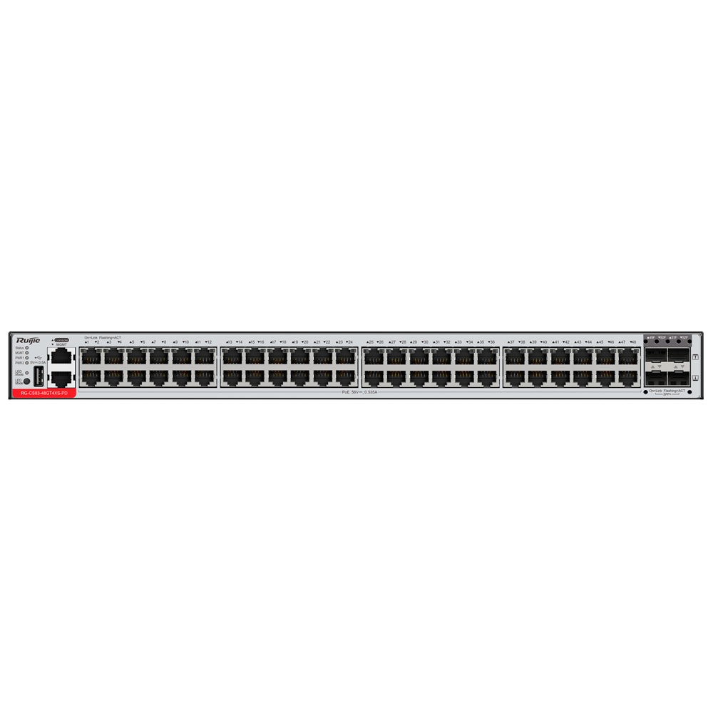 RUIJIE ENTERPRISE RG-CS83-48GT4XS-PD - Ruijie Cloud Managed Layer 3 Switch - 52 Puertos Totales (48 PoE+ / 4 Uplinks 10G SFP+) - Enlaces de fibra de 10 Gbps de ultra velocidad - Doble slot para fuentes modulares Hot-Swap - Virtualización VSU y redundancia - imagen 2
