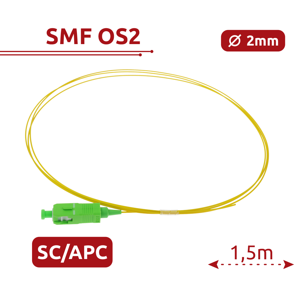 SAFIRE SF-SC-APC-OS2-0015M-D09-Y - Pigtail de fibra óptica simplex - Fibra monomodo G657A2 de alto rendimiento - Conector SC con pulido APC - Diámetro ultrafino de 0.9 mm (tight buffer) - Longitud exacta de 1.5 metros - Cubierta exterior LSZH color amaril - imagen 2