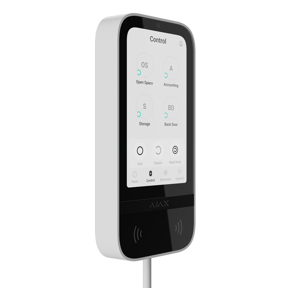 AJAX FIBRA-KEYPADTOUCHSCREEN-W - Teclado con pantalla IPS táctil y lector RFID - Armado/desarmado total o por grupos - Control de los escenarios de automatización - Autenticación: códigos, lector RFID o Bluetooth - Conexión cableada y alimentación externa - imagen 2