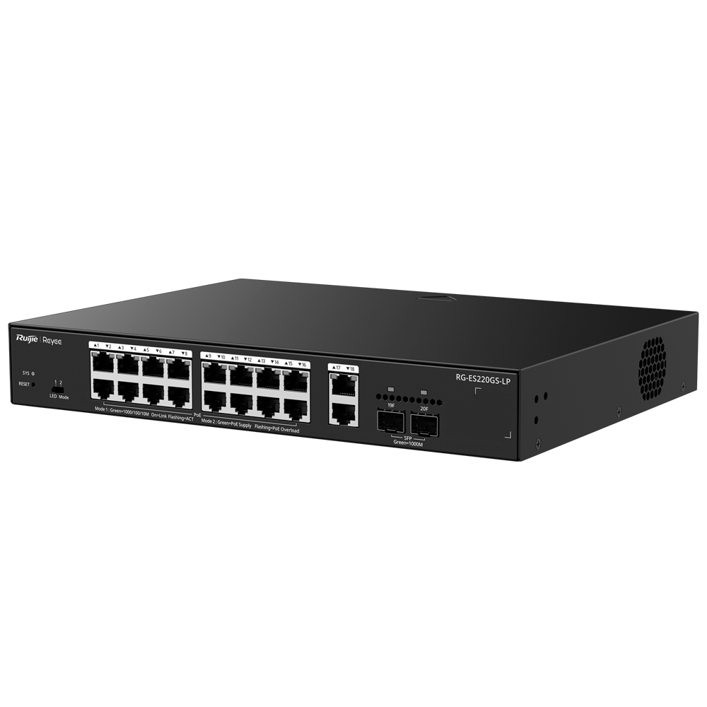 REYEE RG-ES220GS-LP - Ruijie Reyee Cloud Managed L2 Switch - 20 Puertos Totales (16 PoE+ / 2 Uplink / 2 SFP) - Enlaces de fibra SFP para distancias extensas - Potencia PoE+ estable de 30W / Total 130W - Sistema PoE Watchdog para autoreinicio de cámaras - imagen 2