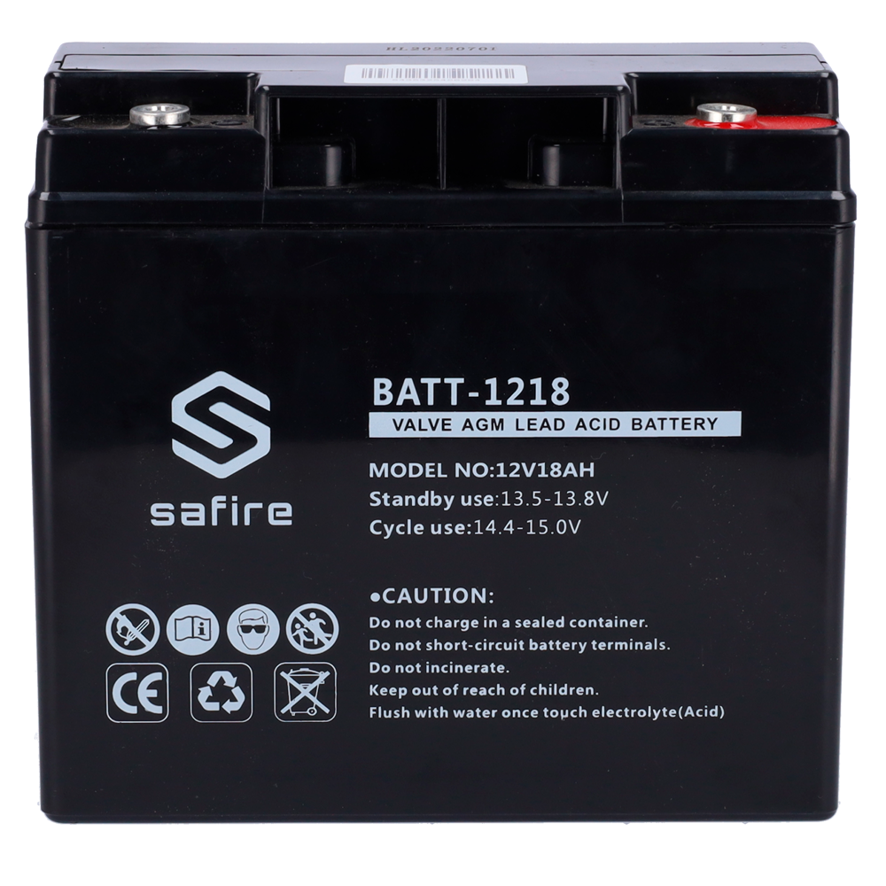SAFIRE BATT-1218 - Batería recargable - Tecnología plomo ácido AGM - Voltaje 12 V - Capacidad 18 Ah - 168 x 181 x 77 mm / 5600 g - Para respaldo o uso directo - imagen 2