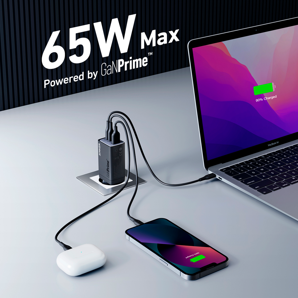 ANKER ANK-735-WCHARGER-65W1A2C-B - Anker - Cargador USB - Potencia 65W | Con tecnología GaNPrime - Carga rápida - Salidas 1x USB-A, 2x USB-C - Color negro - imagen 2