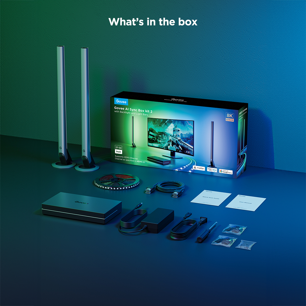 GOVEE GV-SYNC-H6603-AI-BOX2-KIT-27 - Retroiluminación de TV AI Sync Box 2 – Ultra Precisa - 2.4GHz / Bluetooth / HDMI 2.1 eARC - ColorSense 3.0 / Envisual / DreamView - RGBIC+ / 450–550 lumens / AI Gaming Mode - App Govee / Alexa / Google Home - Para inte - imagen 2