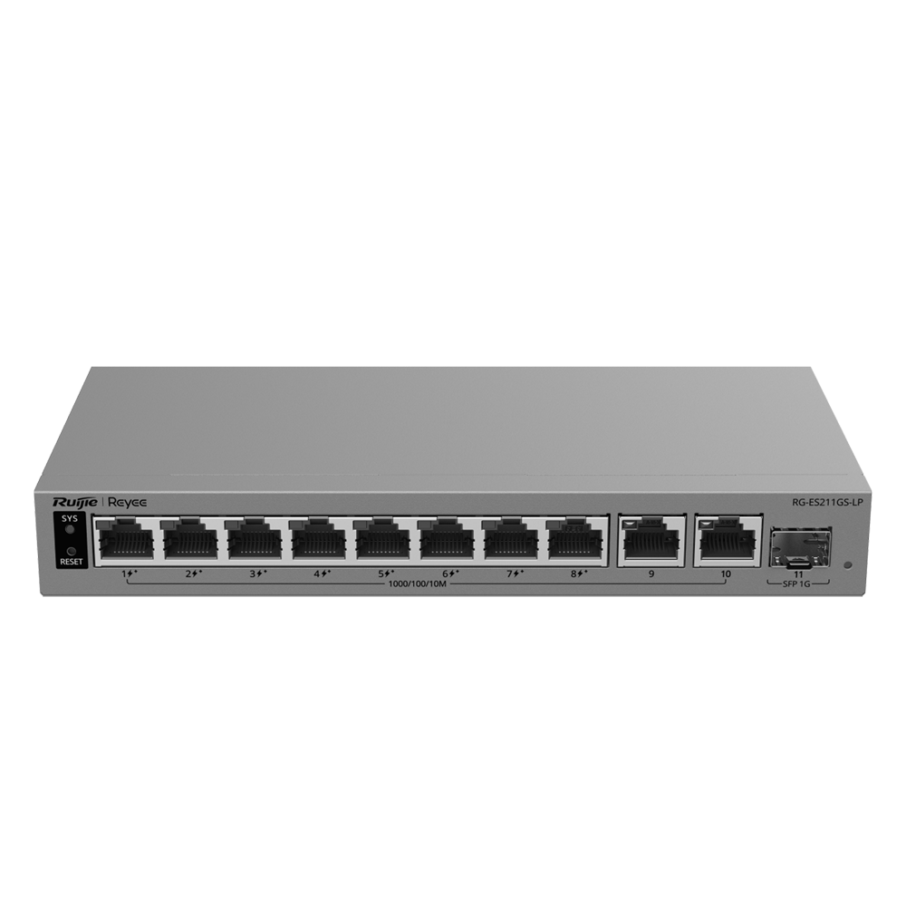 REYEE RG-ES211GS-LP - Ruijie Reyee Cloud Managed L2 Switch - 10 puertos Gigabit RJ45 y 1 ranura SFP - 8 puertos PoE/PoE+ con presupuesto de 70 W - Suministro PoE continuo y Watchdog inteligente - Chasis metálico de escritorio sin ventilador - Protección c - imagen 2