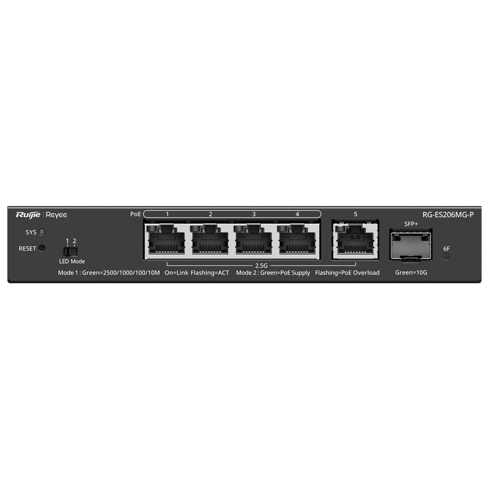 REYEE RG-ES206MG-P - Ruijie Reyee Cloud Managed L2 Switch - 4 Puertos 2.5G PoE/PoE+ + 1 Uplink RJ45 2.5G - 1 Ranura SFP+ de 10 Gbps para fibra óptica - Potencia PoE+ de 30W por puerto / Total 70W - Sistema PoE Watchdog para autoreinicio de cámaras - Gesti - imagen 2