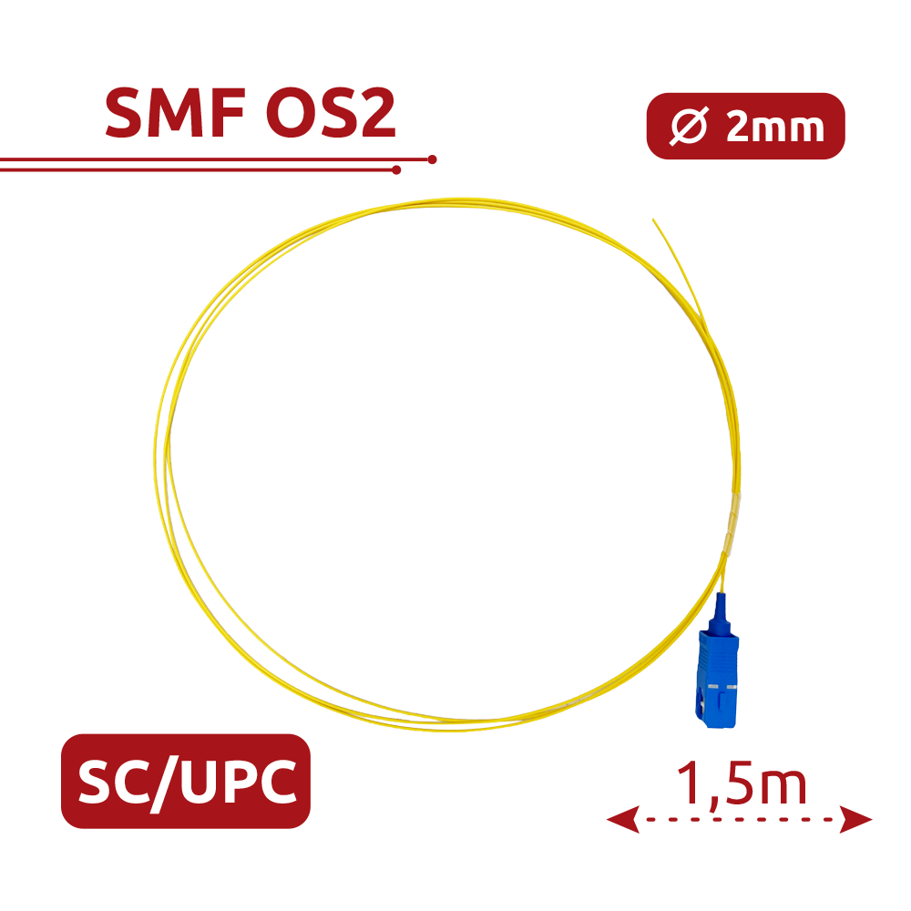 SAFIRE SF-SC-UPC-OS2-0015M-D20-Y - Pigtail de fibra óptica simplex - Fibra monomodo G657A2 de alto rendimiento - Conector SC con pulido UPC - Grosor de cable estándar de 2.0 mm - Longitud exacta de 1.5 metros - Cubierta exterior LSZH color amarillo - imagen 2