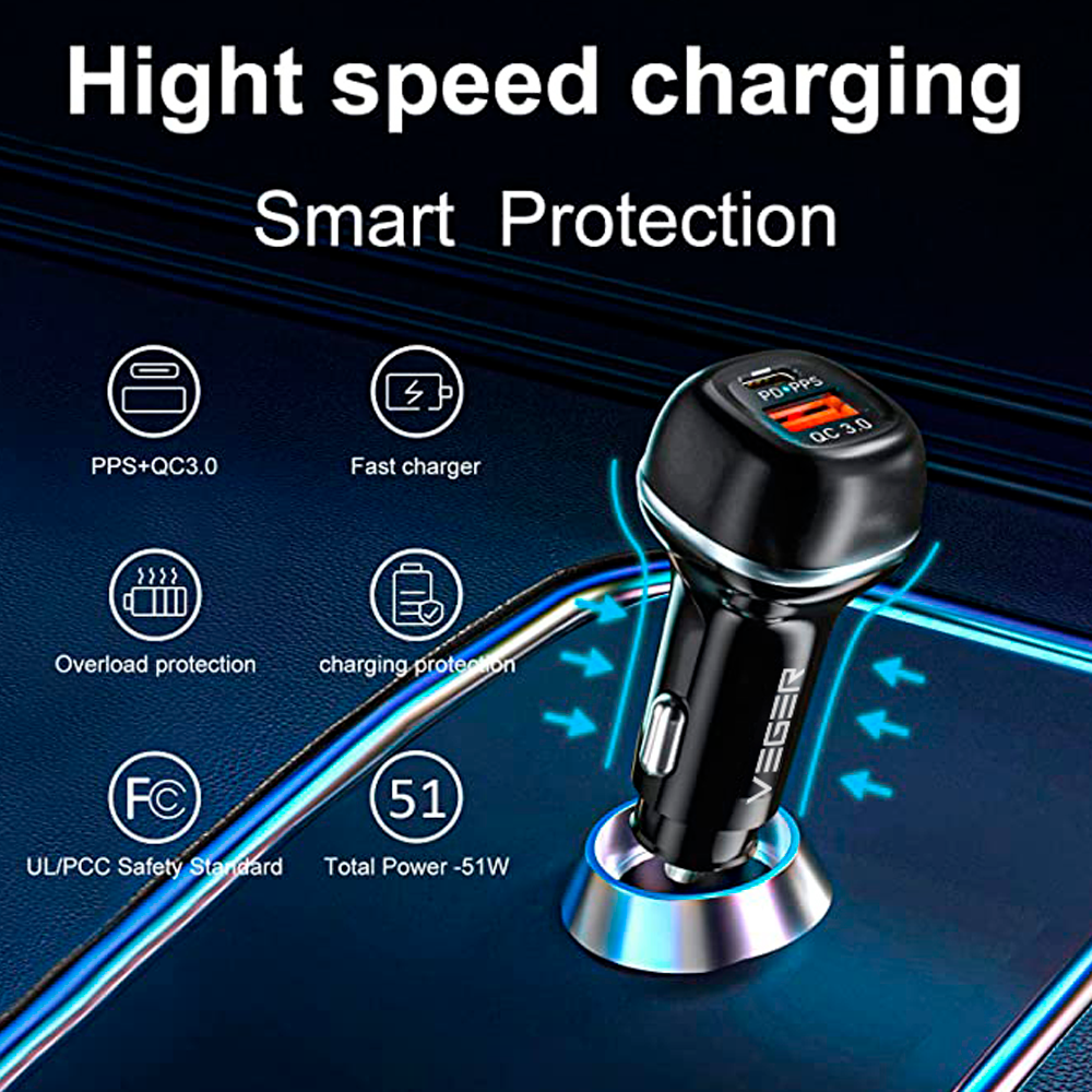 VEGER VG-CC62-1A1C - VEGER - Mechero coche - Potencia 51W - Carga rápida PD30W, QC18W - Salidas USB-C, USB-A - Color Negro - imagen 2