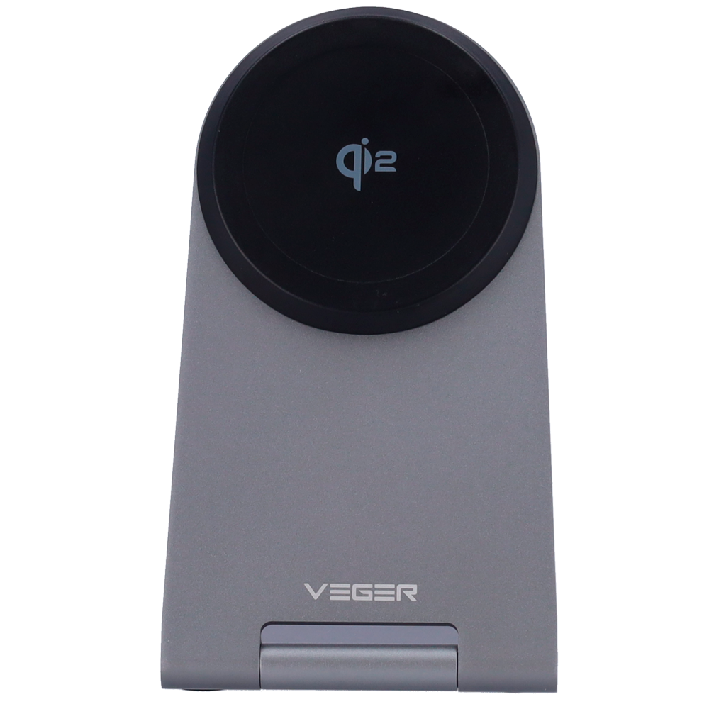 VEGER VG-Q7 - Cargador inalámbrico VEGER - Potencia 15W - Entrada USB-C - Carga rápida - Salida inalámbrica | MagSafe - Con soporte plegable | Color plateado - imagen 2