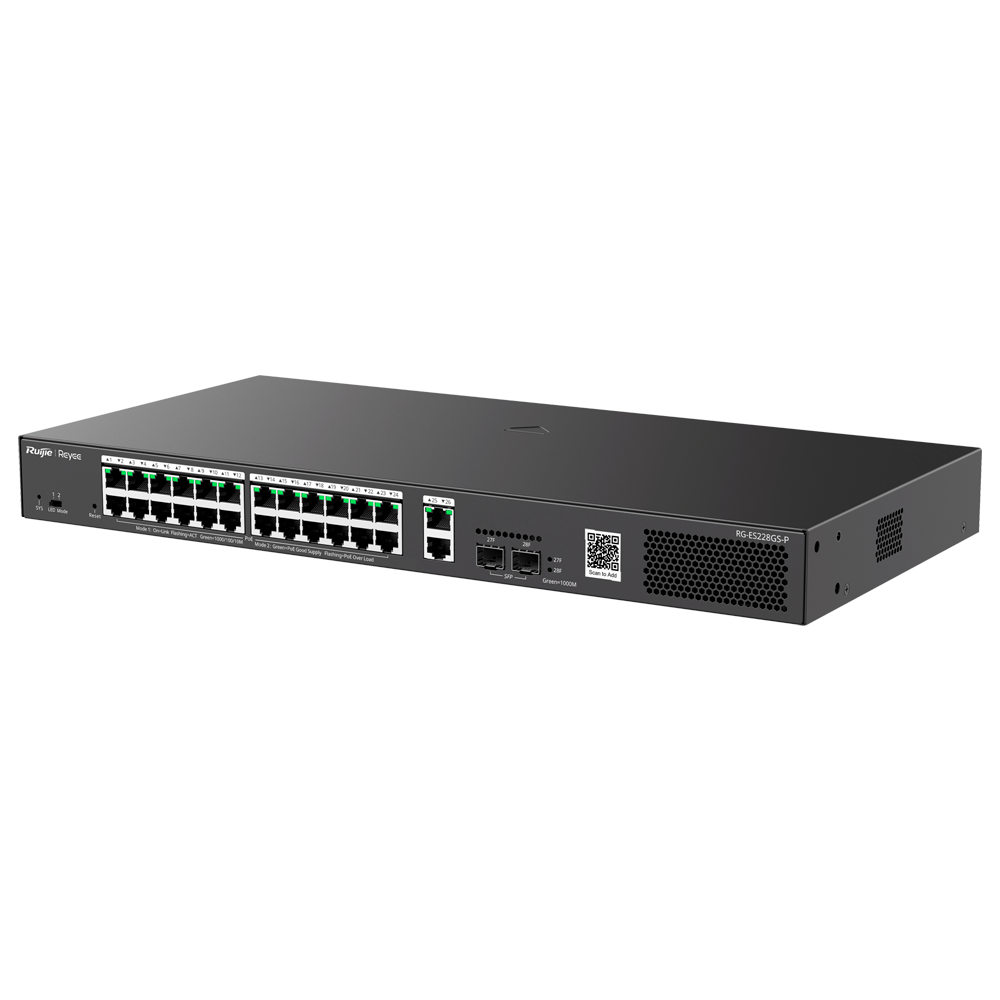 REYEE RG-ES228GS-P - Ruijie Reyee Cloud Managed L2 Switch - 28 Puertos Totales (24 PoE+ / 2 Uplink / 2 SFP) - Enlaces de fibra SFP para distancias extensas - Potencia PoE+ brutal de 30W / Presupuesto 370W - Sistema PoE Watchdog para autoreinicio de cámara - imagen 2