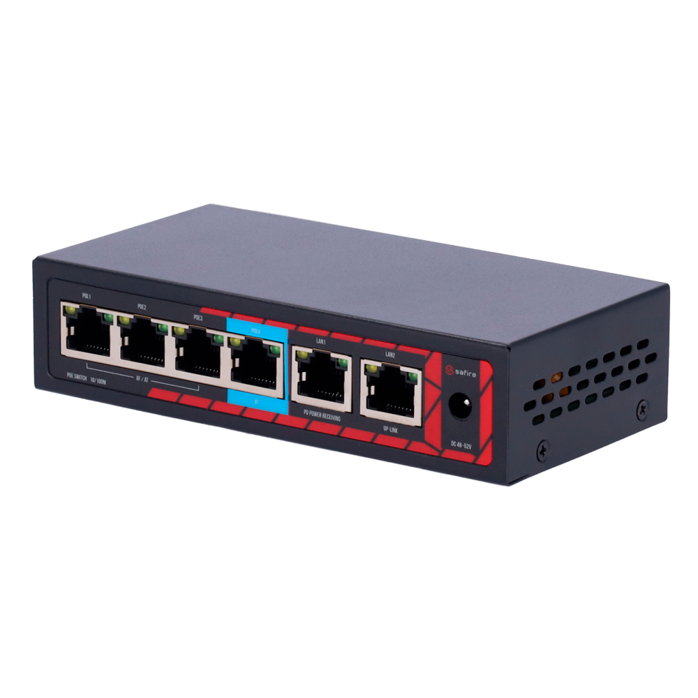 SAFIRE SF-POE-EXT0604-60 - Extensor PoE Safire. - Soporta estándares modernos IEEE 802.3af/at/bt. - Dispone de 6 puertos RJ45 (2 Uplink / 4 PoE). - Suministro de potencia masiva de hasta 60 W. - Transferencia de datos a velocidad de 10/100M. - Función int - imagen 2