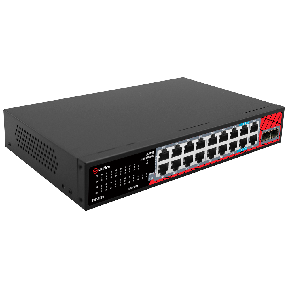 SAFIRE SF-SW2016HIPOE-GMF-240 - Safire Switch Hi-PoE - 16 puertos GE PoE + 2 SFP + 2 RJ45 - Velocidad de puertos 10/100/1000/2500 Mbps - 14 Puertos PoE+ 30W + 2 Puertos Hi-PoE 60W - PoE Watchdog - Hasta 240W Potencia PoE total - imagen 3
