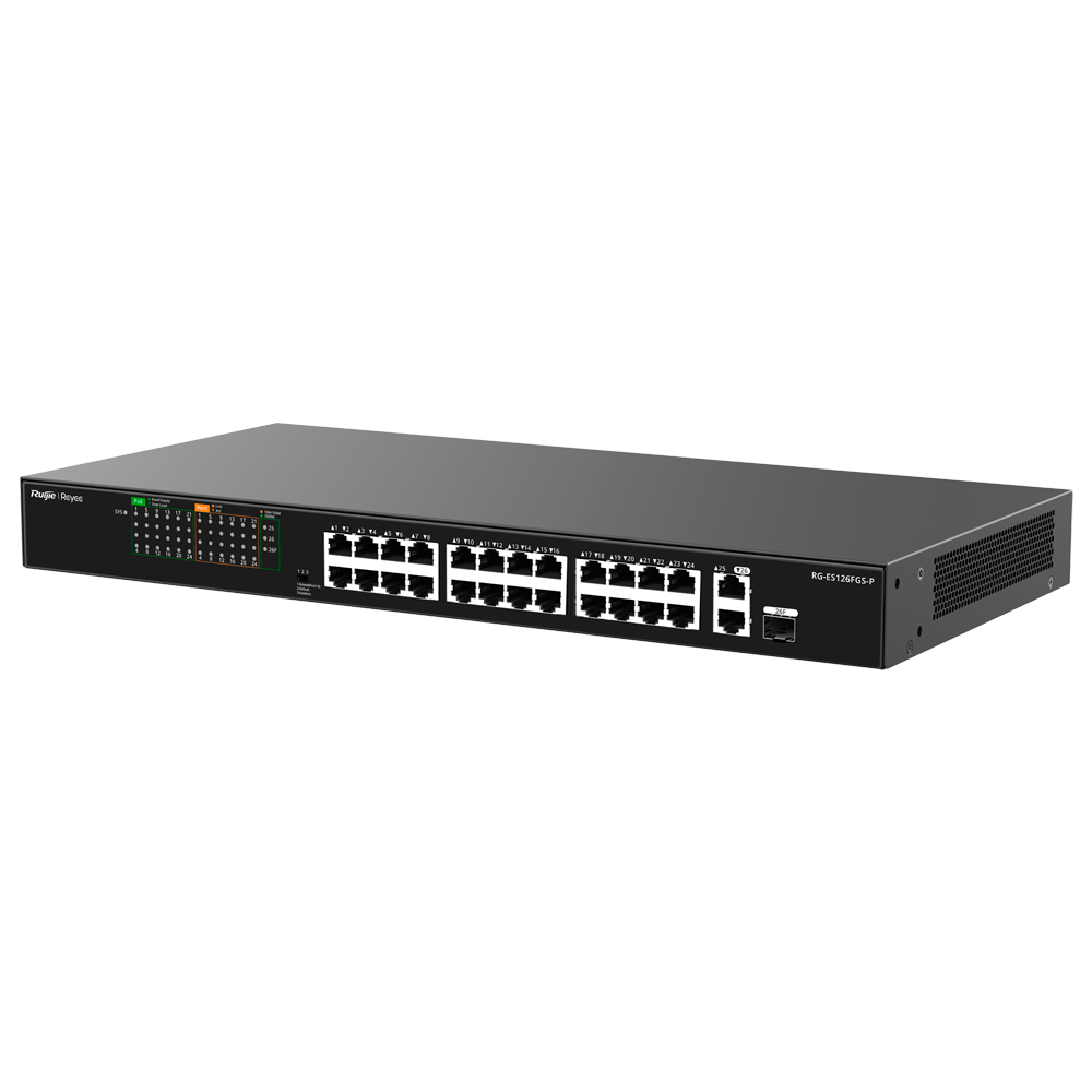 REYEE RG-ES126FGS-P - Reyee Switch PoE Sobremesa - 24 Puertos RJ45 + 1 Uplink RJ45 + 1 SFP Combo - 24 Puertos 10/100Mbps + 2 Puertos 10/100/1000Mbp - 24 Puertos PoE+ 802.3af/at | Potencia total 370W - Aislado de Puertos / Flow Control / PoE Watchdog - Plu - imagen 3