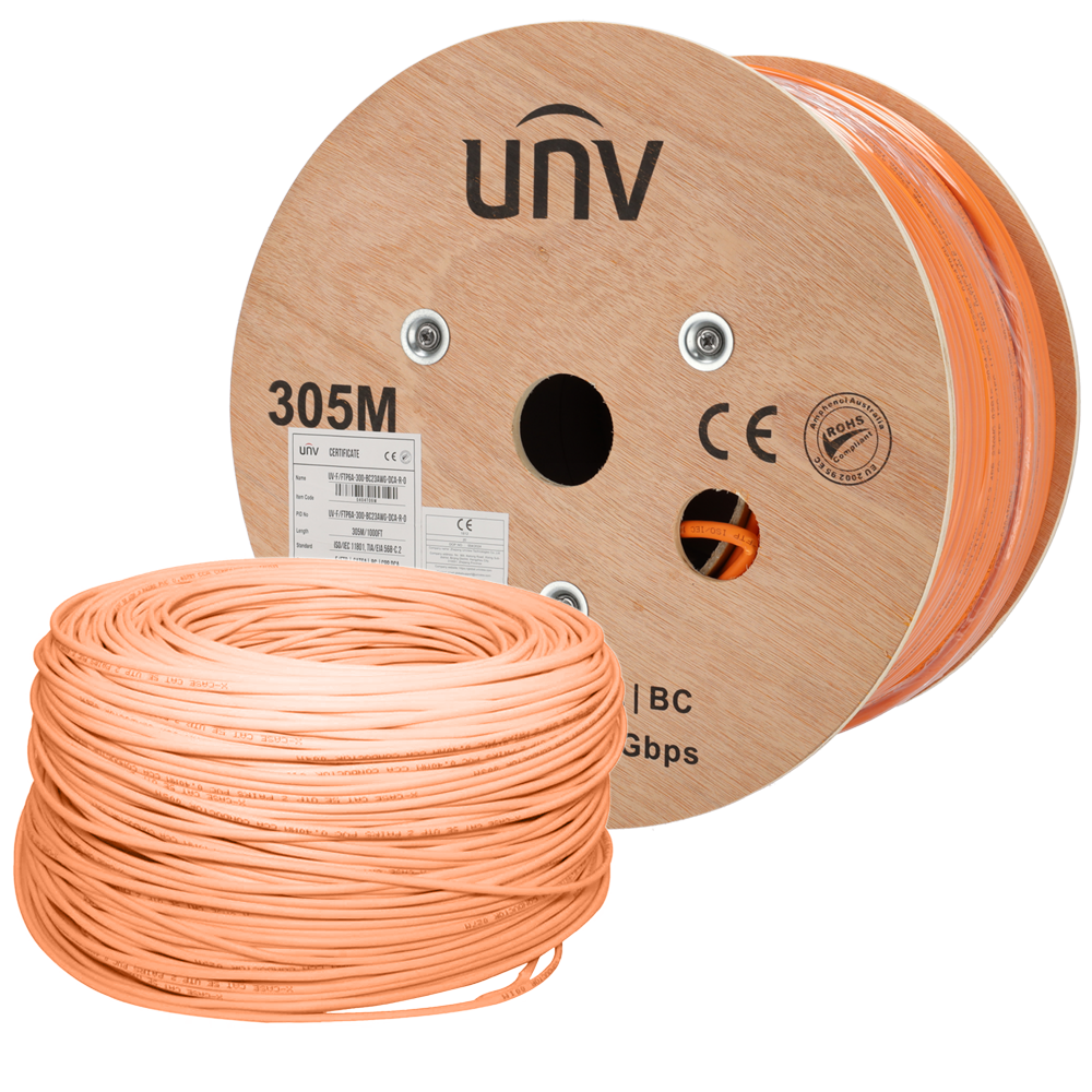 UNIVIEW UV-FTP6A-300-BC23AWG-DCA-R-O - Uniview cable FTP categoría 6A - Conductor OFC,100% cobre - Diámetro 23 AWG-0,57mm - Certificado CPR Dca - Cubierta exterior LSZH / Color naranja - Se suministra en bobinas de Madera de 305 metros - imagen 3