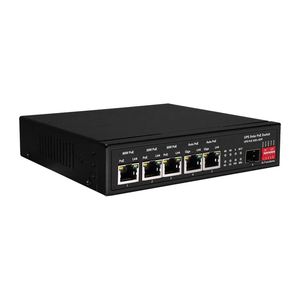 MARCA BLANCA SW0605HIPOE-GF-DC-65 - Switch PoE - 5 puertos PoE + 1 SFP - Velocidad de puertos 10/100/1000 Mbps - 1xHi-PoE (60W) + 2xPoE+ (30W) + 2x24/48V (25W) - Hasta 65W de Potencia PoE total - Soporta baterías de 12V/24V y paneles de 400W - imagen 3