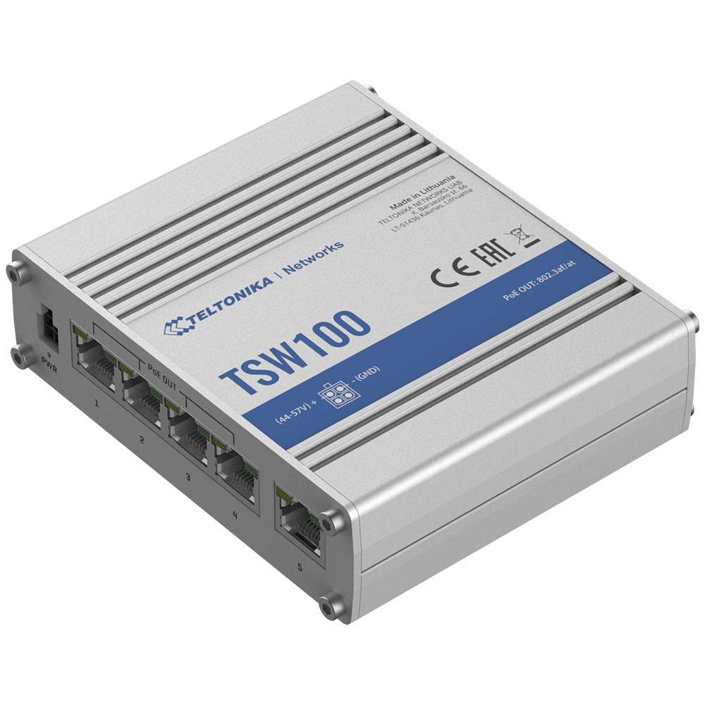 TELTONIKA TK-TSW100 - Teltonika Switch PoE No gestionable Industrial - 5 puertos Ethernet RJ45 Gigabit - 4 Puertos Ethernet PoE+ 802.3af/at - Hasta 30W por Puerto PoE - Hasta 120W de Potencia PoE - Rugerizado Carcasa Aluminio - imagen 3
