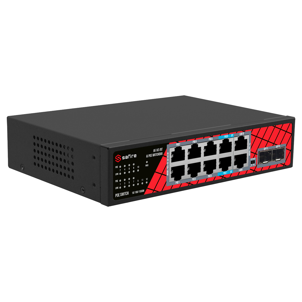SAFIRE SF-SW1208HIPOE-GMF-120 - Safire Switch Hi-PoE - 8 puertos PoE + 2 SFP + 2 RJ45 - Velocidad de puertos Gigabit 10/100/1000Mbps - 6 Puertos PoE+ 30W + 2 Puertos Hi-PoE 60W - PoE Watchdog - Hasta 120W Potencia PoE total - imagen 3