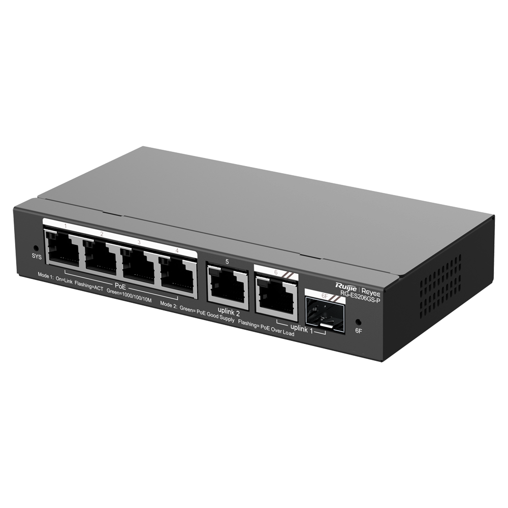 REYEE RG-ES206GS-P - Ruijie Reyee Cloud Managed L2 PoE Switch - 4 Puertos Gigabit PoE/PoE+ + 1 Enlace Combo GE - Ranura SFP Gigabit para enlaces de fibra óptica - Potencia PoE+ de 30W por puerto / Total 54W - Sistema PoE Watchdog para autoreinicio de cáma - imagen 3